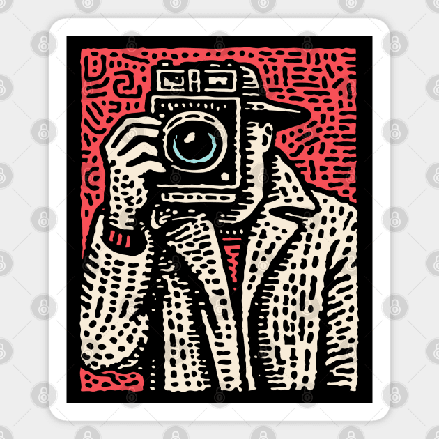 The Shot - Retro Paparazzi Linocut Magnet by TuncGK